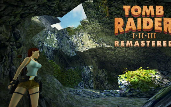 HD desktop wallpaper featuring Lara Croft in an intricate cave setting, showcasing the adventure of Tomb Raider I-III Remastered with vibrant graphics and classic gameplay elements.