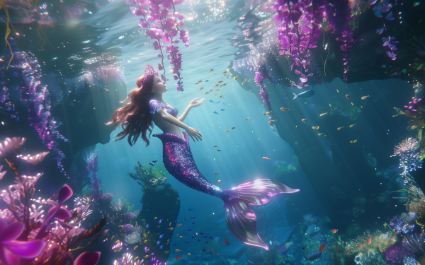 Stunning HD desktop wallpaper of a mermaid with a shimmering tail, gracefully swimming underwater amidst vibrant purple coral reefs.