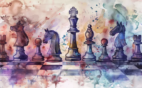 HD desktop wallpaper featuring an artistic watercolor rendering of chess pieces on a board with vibrant splashes of color in the background.