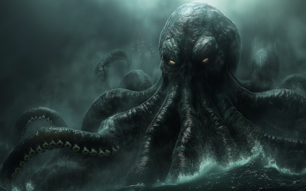 HD Cthulhu desktop wallpaper depicting the legendary cosmic entity with tentacles emerging from the mist, ideal for a mysterious and eerie background theme.
