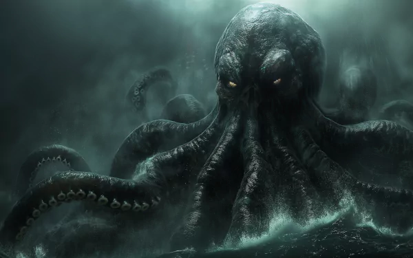 HD desktop wallpaper of Cthulhu with a dark, ominous presence amidst fog and tentacles.
