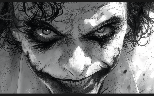 HD wallpaper featuring a detailed black and white illustration of the iconic Joker character from DC Comics with an intense and menacing expression.