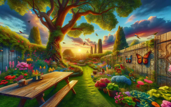 HD desktop wallpaper of a vibrant backyard garden at sunset with colorful flowers and a wooden picnic table.