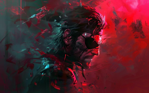 HD Metal Gear fan art wallpaper featuring an intense, stylized portrait with vivid red background.