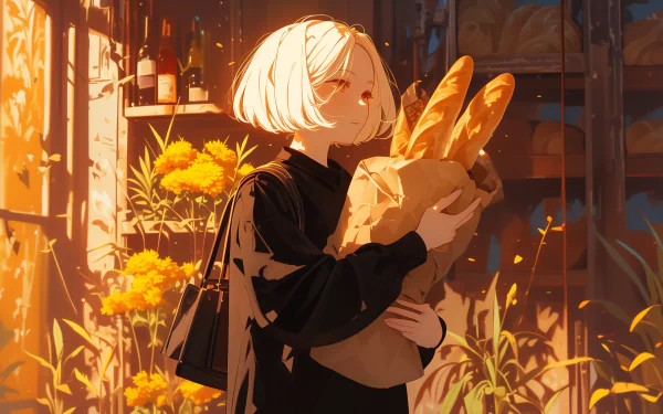 HD wallpaper featuring an anime character holding a baguette, set against a warm, autumnal background with flowers.