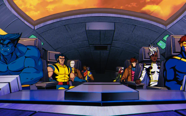 HD desktop wallpaper featuring animated characters from the TV show X-Men '97, positioned in a command room with a vivid sunset in the background.