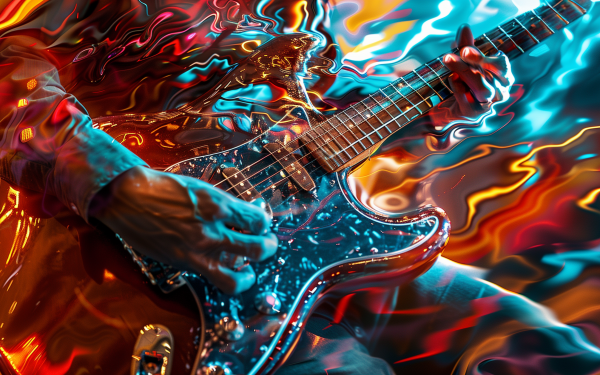 HD wallpaper featuring an electric guitar player immersed in vibrant blues music-inspired visual effects, perfect for music-themed desktop background.