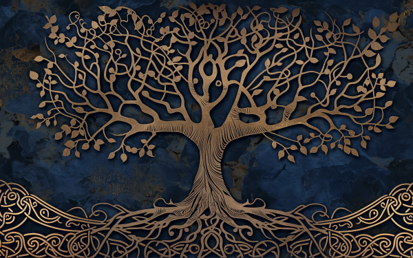 HD Yggdrasil tree wallpaper with artistic golden branches on a dark textured background for desktop.