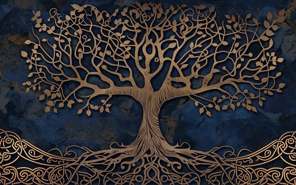 HD Yggdrasil tree wallpaper with artistic golden branches on a dark textured background for desktop.