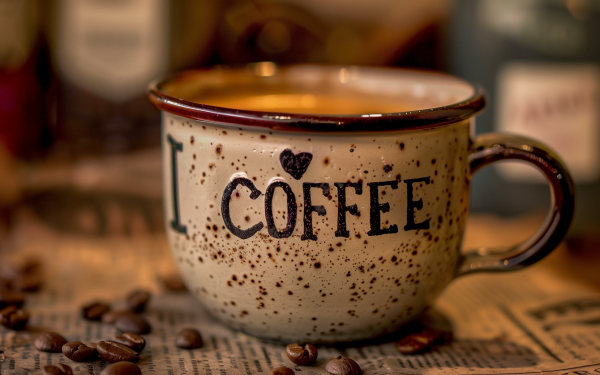 HD desktop wallpaper featuring a close-up view of a rustic 'I love coffee' mug surrounded by coffee beans, perfect as a warm and inviting coffee-themed background.