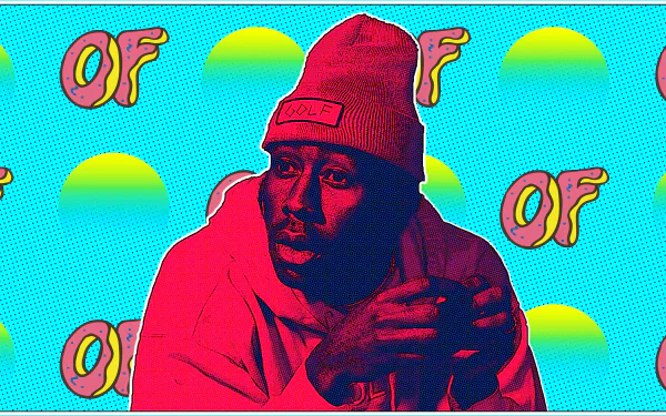 HD desktop wallpaper featuring a stylized illustration of a music artist with a beanie, representative of rapper Tyler, the Creator, set against a vibrant background with repeating patterns.