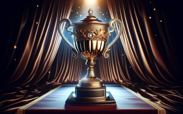 HD wallpaper of a shining trophy on stage with red curtains background for desktop.