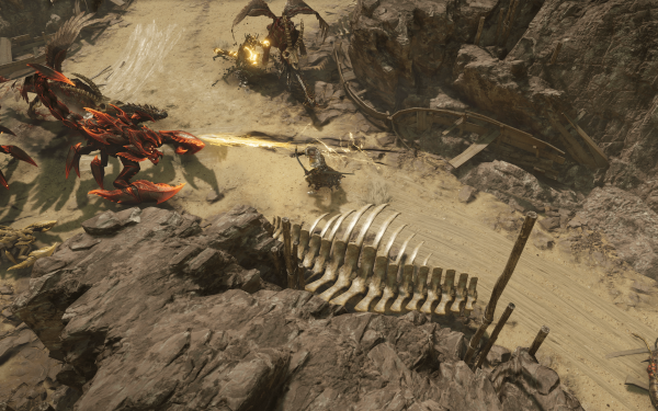 HD desktop wallpaper featuring an intense battle scene from the video game Last Epoch, with a character fighting red creatures in a rugged desert environment.