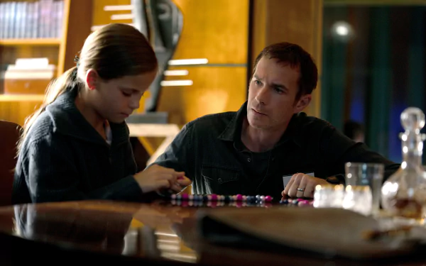 HD wallpaper featuring a scene from the 2024 TV show Constellation with two characters engaged in an intense conversation over a table with poker chips.