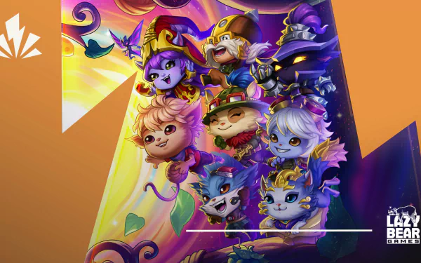 A vibrant HD wallpaper featuring popular League of Legends characters Teemo, Yuumi, and Veigar, showcasing their playful designs and colorful artistry in a dynamic composition.
