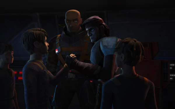 HD wallpaper featuring a scene from the TV show Star Wars: The Bad Batch with animated characters in a dimly lit setting having a discussion.