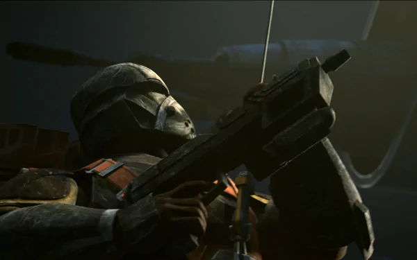 Clone trooper from Star Wars: The Bad Batch aiming a blaster in a HD desktop wallpaper