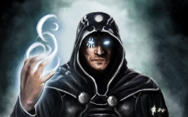 HD PC desktop wallpaper featuring Jace Beleren, a man-made character from Magic: The Gathering, with glowing eyes and mystical energy swirling around his hand.