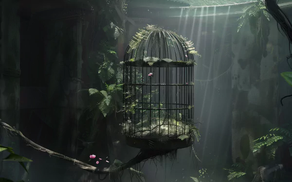 HD wallpaper of an empty birdcage amidst a mystical forest backdrop with sunbeams filtering through.