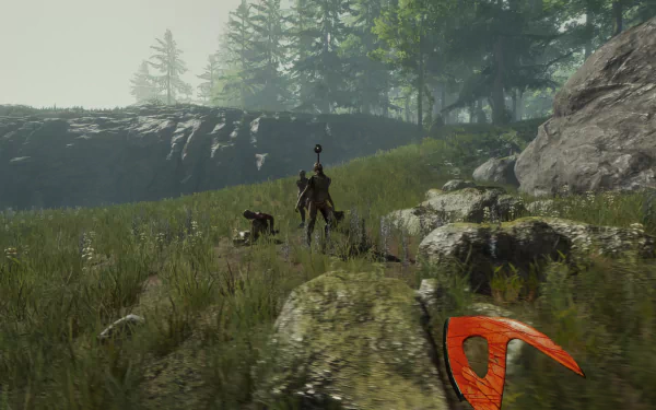Sons of the Forest video game scene with character and dog in a forest setting for HD desktop wallpaper.