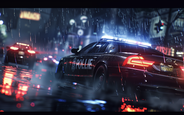 HD desktop wallpaper featuring a police cruiser on a rainy city street at night.