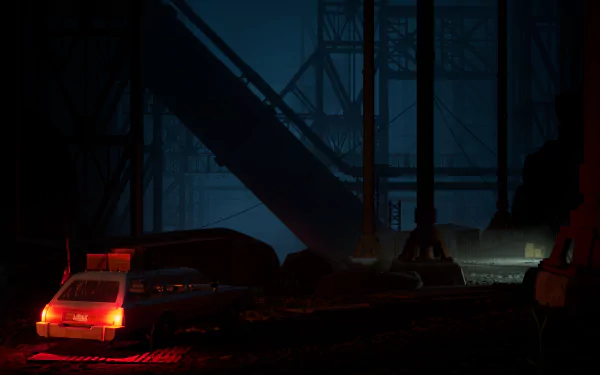 HD desktop wallpaper featuring a scene from the video game Pacific Drive with a car under shadowy, industrial structures at night.