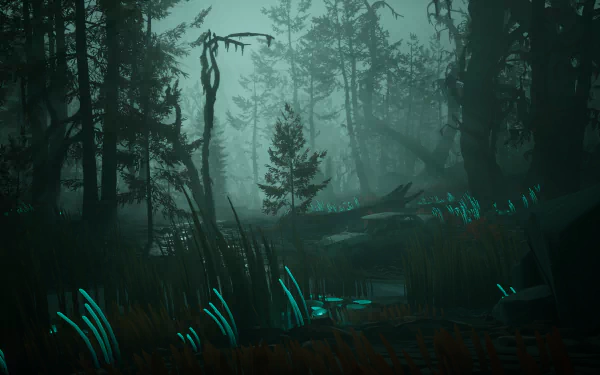 Mysterious forest scene from the video game Pacific Drive, featuring fog-shrouded trees and glowing turquoise plants, creating an eerie and immersive atmosphere. HD desktop wallpaper.
