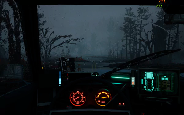 HD wallpaper of first-person view from a car in the video game Pacific Drive, featuring a moody, rain-drenched forested road ahead.