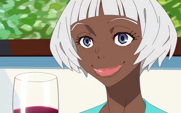 HD desktop wallpaper featuring a character from the anime GREAT PRETENDER, smiling with a glass of wine in the background.