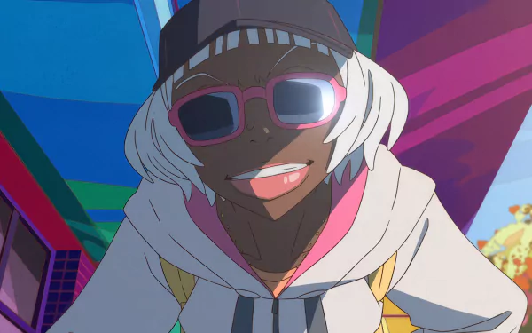Anime character from Great Pretender with short white hair and sunglasses, smiling confidently against a vibrant, colorful background. High-definition desktop wallpaper.