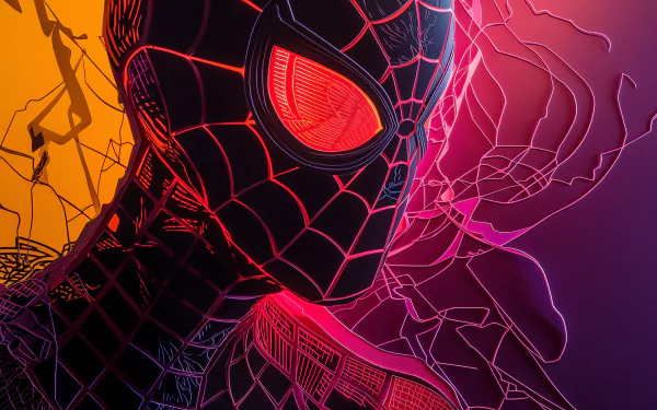 HD wallpaper of Miles Morales in his Spider-Man suit with a vibrant red and purple background.