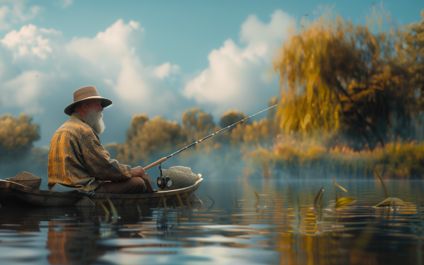 Fisherman on a serene lake with fishing rod in hand, sitting in a boat amidst calm waters, with a scenic backdrop of trees and mist, perfect as an HD desktop wallpaper or background.