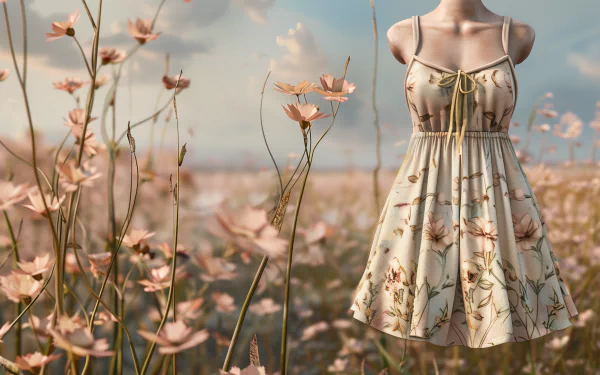HD desktop wallpaper featuring a summer dress design displayed on a mannequin in a blooming flower field.
