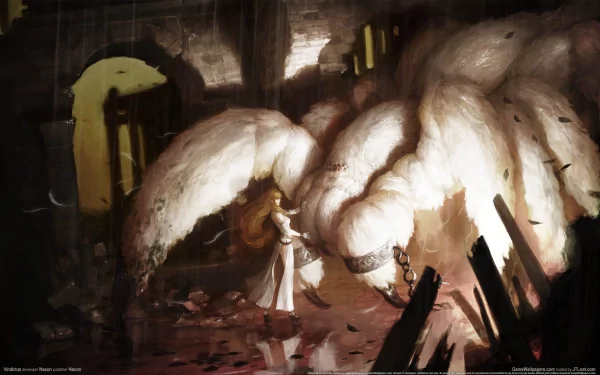 HD PC desktop wallpaper from the video game Vindictus: a lone figure faces a colossal pale multi‑limbed creature amid wreckage in a dim, cathedral‑like ruin.