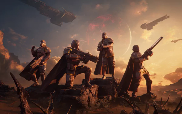 HD wallpaper featuring Helldivers 2 video game characters with weapons standing against a dramatic sky with spaceships and alien planet.
