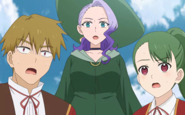 HD wallpaper featuring Anime characters with a presumed villainess in the center, flanked by a surprised young man and woman under a blue sky, tagged Villainess Level 99.