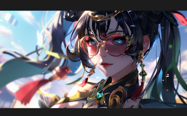 A vibrant HD wallpaper featuring Xianyun from Genshin Impact, showcasing her striking appearance with stylish sunglasses and intricate accessories against a dynamic background.