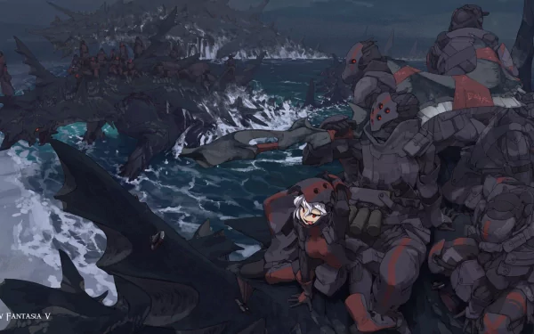 Anime-style HD PC desktop wallpaper from Pixiv Fantasia V featuring armored characters amidst dark, turbulent waters and large sea creatures under a stormy night sky.
