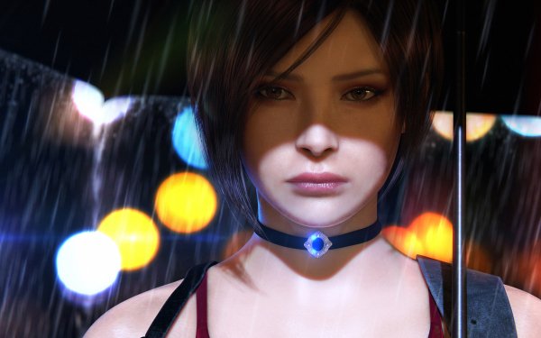 HD wallpaper of Ada Wong from Resident Evil 2 (2019) video game with a bokeh lights background.