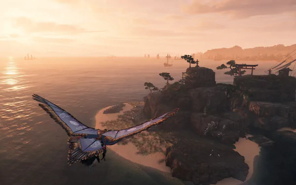 HD wallpaper of Rise of the Rōnin video game featuring an eagle flying over a scenic cliff-side view at sunset.