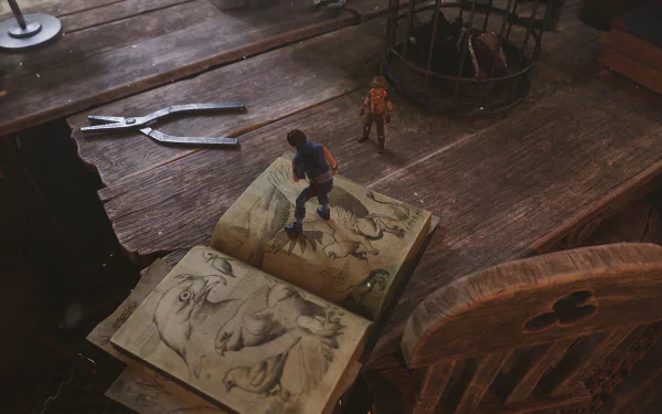 HD wallpaper depicting a scene from the Brothers: A Tale of Two Sons Remake video game with two characters standing on an open book in a rustic interior setting.