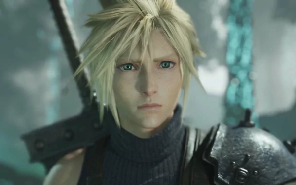 HD desktop wallpaper featuring Cloud Strife from Final Fantasy VII Rebirth, set against a blurred crystalline background.