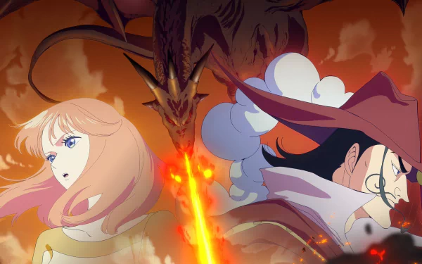 HD anime wallpaper featuring the intense scene from Monsters: 103 Mercies Dragon Damnation, showcasing dynamic characters and a formidable dragon amidst a fiery battle.
