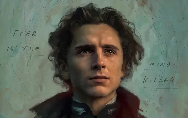 HD wallpaper of Paul Atreides portrayed by actor, from the 2021 movie Dune, with the quote Fear is the mind-killer inscribed.