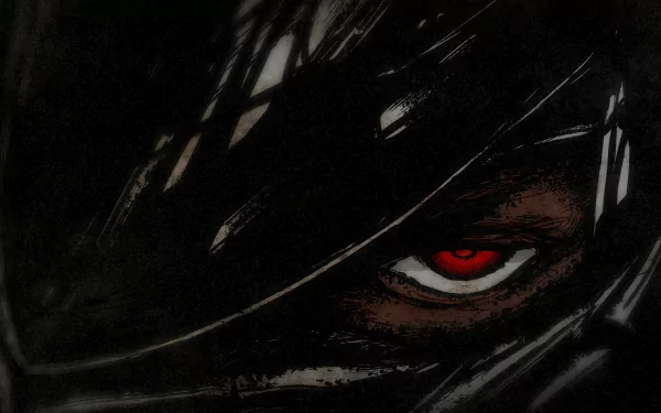 HD desktop wallpaper featuring a close-up of a Ninja Kamui character with a piercing red eye peeking through shadows.