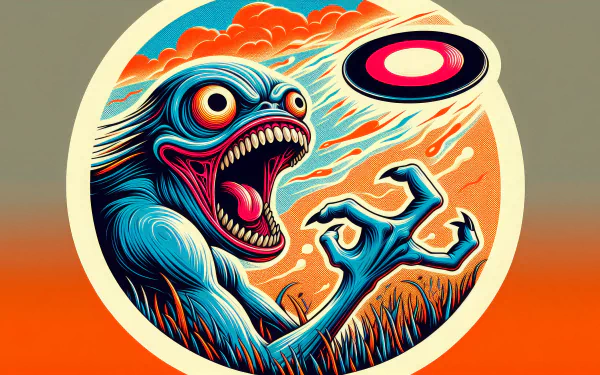 Stylized illustration of a creature catching a frisbee for HD desktop wallpaper.