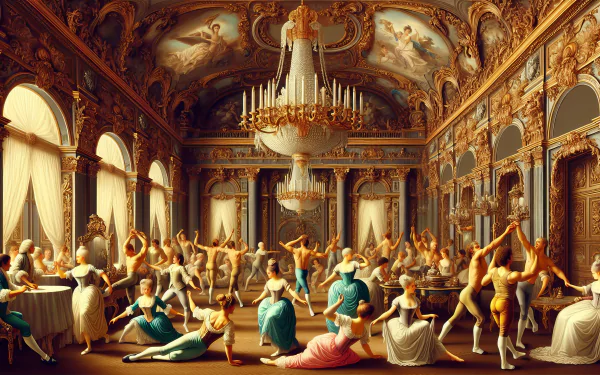 HD wallpaper of a lively ballet class in an opulent, classical dance hall with chandeliers and elegant decor.