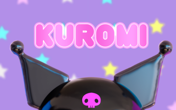 HD desktop wallpaper featuring the character Kuromi from Onegai My Melody, with her name in pink letters and a lavender background adorned with stars.