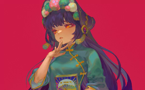 HD PC desktop wallpaper featuring Yun Jin from Genshin Impact, depicted with vibrant colors and intricate traditional attire against a bold red background.