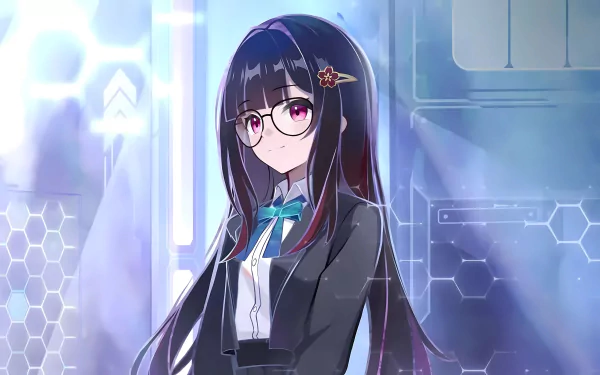 HD desktop wallpaper featuring Sparkle from Honkai: Star Rail, showcasing a character with long black hair, glasses, and a stylish outfit set against a futuristic background.